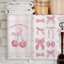 CUANFDDSF Trendy Pink Bow Cherry Kitchen Towels Set of 2, Coquette Party Decor, Girls Room Decor, Preppy Towels for Girls Bathroom Kitchen Decoration Tea Towels Kitchen Hand Towels 16x24 Inch