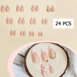 Valentine's Day White French Tips Press on Nails Medium Almond Heart Fake Nails Glossy with Rhinestones False Nails Gel Glue on Nails Manicure Stick on Nails for Valentine's Day Women Girls 24Pcs