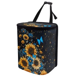 Annejudy Blue Butterfly Sunflower Print Car Trash Can - Foldable, Automotive Garbage Bin with Leak Proof Hanging Bag