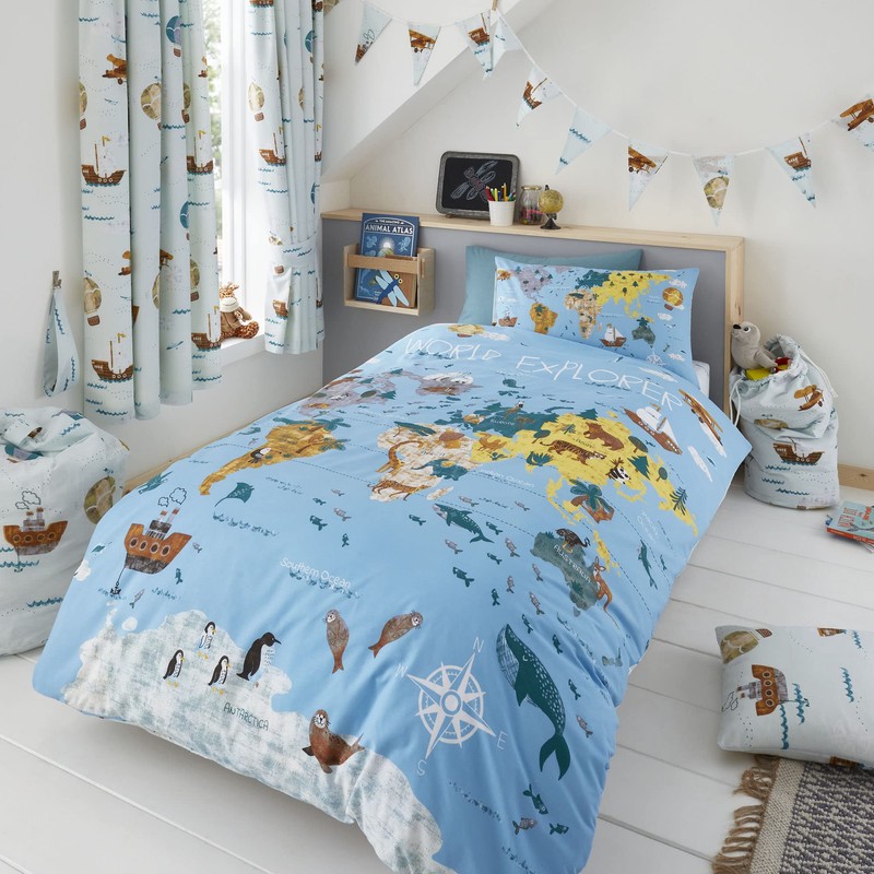 Happy Linen Company Girls Boys Kids World Explorer Blue Double