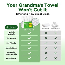 Elvira 100 Count Disposable Face Towels, Biodegradable Skincare Facial Cleansing Towels, Ultra Soft & Thick Makeup Remover Dry Wipes, Lint-Free & Vegan for Sensitive Skin, Travel Essential