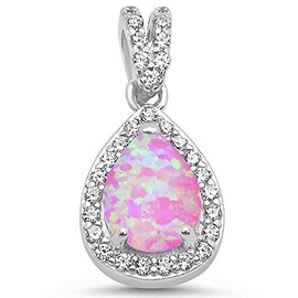 CloseoutWarehouse Pink Simulated Opal Cubic Zirconia Teardrop Pendant Sterling Silver