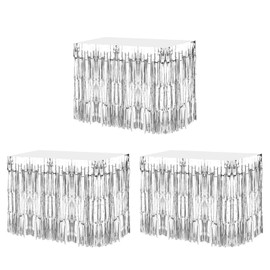 sourcing map 3 Pcs 29x108 Inch Silver Metallic Foil Fringe Tinsel Table Skirts for Rectangle Tables Tinsel for Wedding Birthday Party Decoration