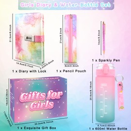 Christmas Gifts for Girls 8 9 10 11 12 13 14 Years, Diary with Lock Girls Drinking Bottle, Birthday Gifts Teenager Girls Age 7-15, Notebook, Water Bottle, Pen Pencil Case School