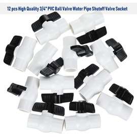 Therwen 12 Pcs 3/4" PVC Ball Valve Water Shut off Valve PVC Valve with Easy to Rotate Black T Handle for Cold Water Supply Lines Irrigation Pipe Fitting System Socket x Socket, Schedule 40, 150 Psi