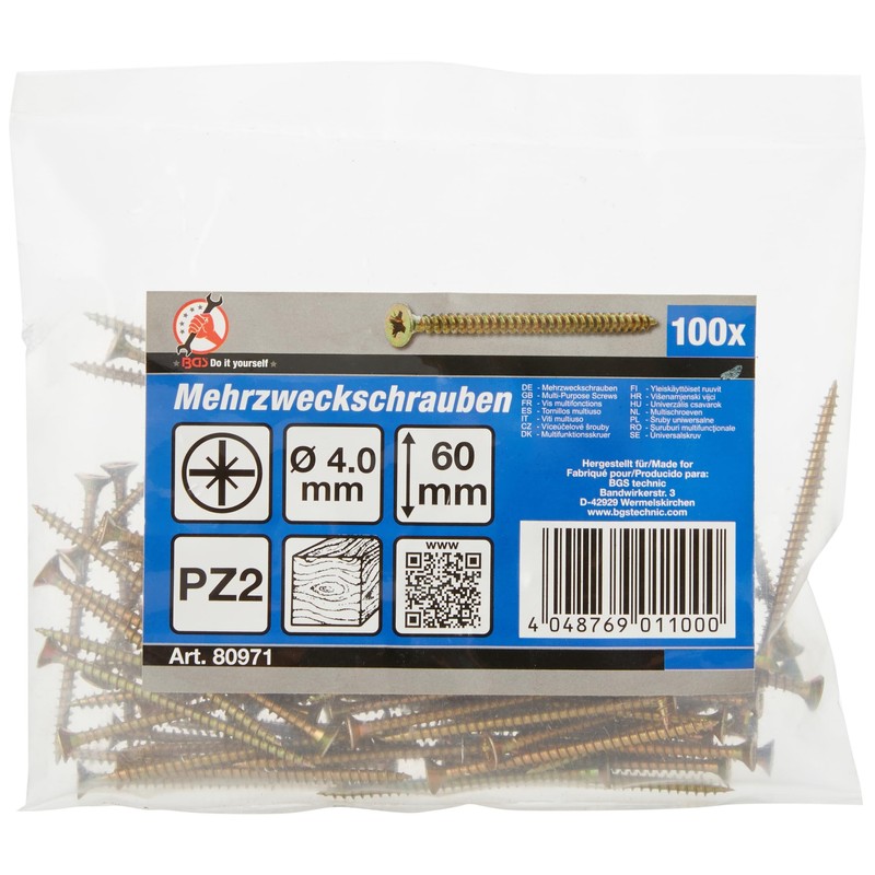 Kraftmann 80971 Pozidriv Pz2 Multi-Purpose Screws, Gold, 4.0 x 60