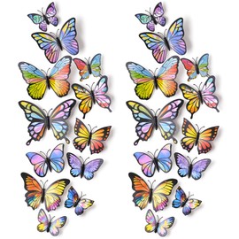 24PCS 3D Butterfly Wall Decor Removable Colorful Butterfly Wall Stickers DIY Fake Vivid Butterflies Wall Art Decals for Kids Bedroom Birthday & Party TV Background Home Decorations Refrigerator Decal