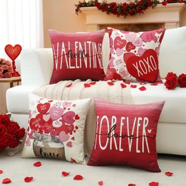 Valentine's Day Love Forever Throw Pillow Covers 20x20 Inch Set of 4, Valentine Wedding Red Pink Love Heart Decoration Pillow Cases for Home Sofa Couch