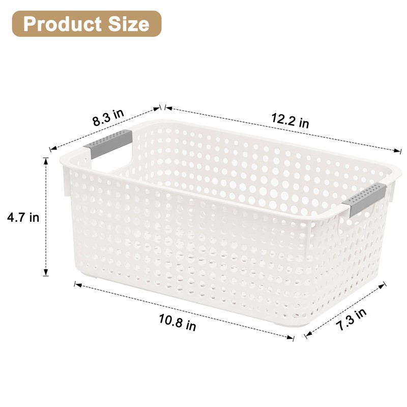 4-Pack Hollow Plastic Storage Baskets with Handles(White, Medium)