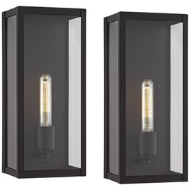 John Timberland Cornell Modern Outdoor Wall Light Fixtures Set of 2 Sand Black Box Frame 16" Clear Glass Panels for Post Exterior Barn Deck House Porch Yard Patio Garage Garden Front Door