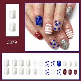 Independence Day Press on Nails Short Square Fake Nails with Star Designs Red Blue Fairworks False Nails Glitter Stick on Nails Striped 4th of July Acrylic Nails for Women Girls Manicure 24Pcs