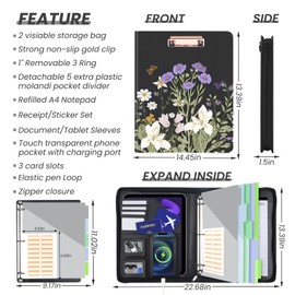 KLLVE Leather Padfolio Portfolio with Clipboard Storage, Removable 3 Ring Binder 1 Inch Zipper Binder, Document Organizer for Women Men with Notepad, 5 Pocket Dividers, Pen Holder, Card Slot, Black