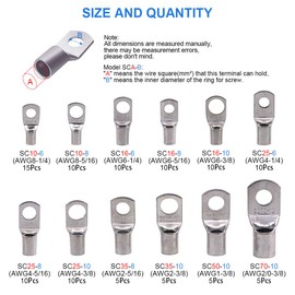 Glarks 105Pcs 12 Type Heavy Duty Wire Lugs Battery Cable Tinned Copper Eyelets Tubular SC Ring Terminals Connectors with Spy Hole Assortment Kit
