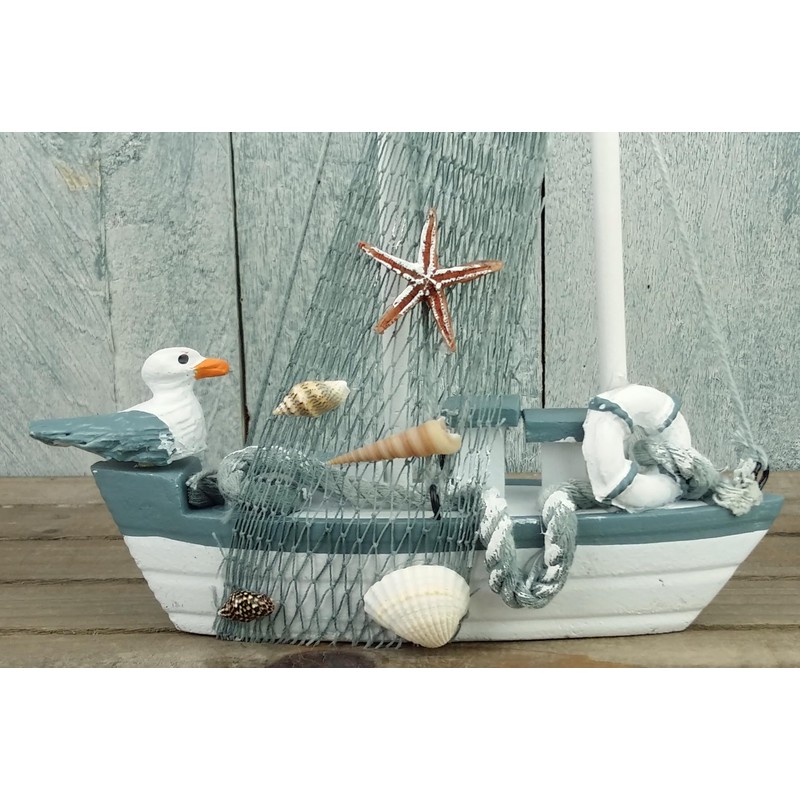 Maritime Decoration Wooden Boat with Seagull 17 cm Starfish Lifebuoy