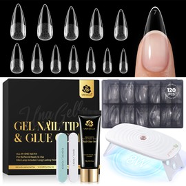 Stiletto Nail Tips and Glue Gel Kit, 120Pcs Pre-etched Pointed Fake Nails, 15g Solid Nail Glue Gel Strong, 8W Mini U V/LED Nail Lamp, Nail File & Buffer, Gel Nail Extension Kit for Beginners