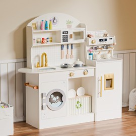 JOYMOR Wooden Play Kitchen w/Coffee Machine, Plenty of Play Pretend Kitchen Accessories, Kids Play Kitchen Design, Best Gift for Ages 3+ (Cream&Gold)