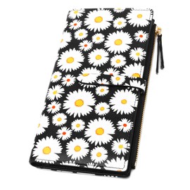 YOUBDM Slim Wallets for Women Credit Card Holder RFID Bifold Clutch Wallets Checkbook with Zipper Pocket, Daisy, Minimalist