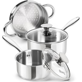 MICHELANGELO Stainless Steel Saucepans with Steamer 5Pcs, 18/10 Saucepan Set with Glass Lids, Sauce Pot Set with Triply Bottom Induction Compatible - 1QT & 2QT