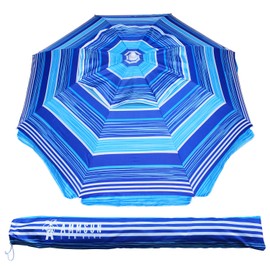 AMMSUN 6.5 ft Heavy Duty Beach Umbrella for Sand with tilt Air Vent Sun Shelter, UV 50+ Protection Outdoor Sunshade Umbrellas and Parasols with Carry Bag for Patio Garden Beach Pool stripe Blue