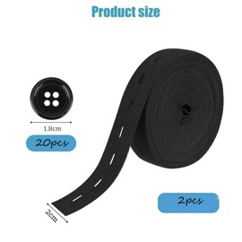 GQunit 2 Rolls of 5 m Elastic Band with Button Eyelets, Flat Sewing Band, Elastic Band with Buttonhole with 20 Buttons for Trouser Skirt, Headband (Black)