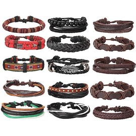 COOLKITALENT 26 Piezas Tejidas Pulsera de Cuero Trenzado para Hombres Mujeres Cordones de Cáñamo Cuentas de Madera Brazaletes de Puño Ajustable