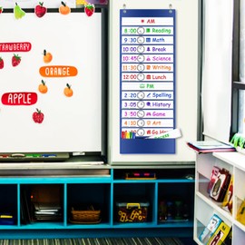 VNOM Daily Schedule Pocket Chart, Class Schedule with 13+1 Pockets 18 Dry Eraser Cards 2 Easy Over Door Mountings for Classroom, School, Office or Home (13” x 35.5”, Blue)