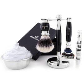JAG SHAVING, 5pcs Men’s Shaving Set, 5 Edge Shaving Razor, Synthetic Silvertip Shaving Brush, Stainless Steel Shaving Bowl, Shaving Soap & 2 in 1 Shaving Stand, Wet Shaving Kit for Close Shave – Black