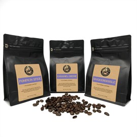 FLAVORED COFFEE GIFT SAMPLER (Holiday Edition), Snickerdoodle, Caramel Cream, Pumpkin Spice. Each gift box contains 3 / 6oz bags of whole bean flavored coffees.