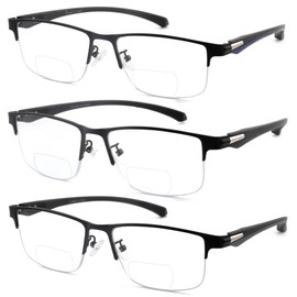 Caeyer 3 Pack Bifocal Reading Glasses Men Blue Light Blocking Metal Half Frame TR90 Temples MultiFocal Readers with Spring Hinges(2.25x)