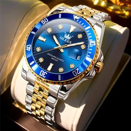 OLEVS Watch Men,Blue Gold Watch Mens,Gold and Blue Watches for Men,Watches for Men Blue Face,Men Watches with Date,Mens Dress Watches,Waterproof Men Watches,Big Face Watch Man,Relojes para Hombres