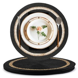 AHHFSMEI Round Paper and Jute Braided Placemats Set of 6 Non-Slip Heat Resistant Table Mats for Dining Tables Indoor & Outdoor Place mats for Daily Use(Black,6)
