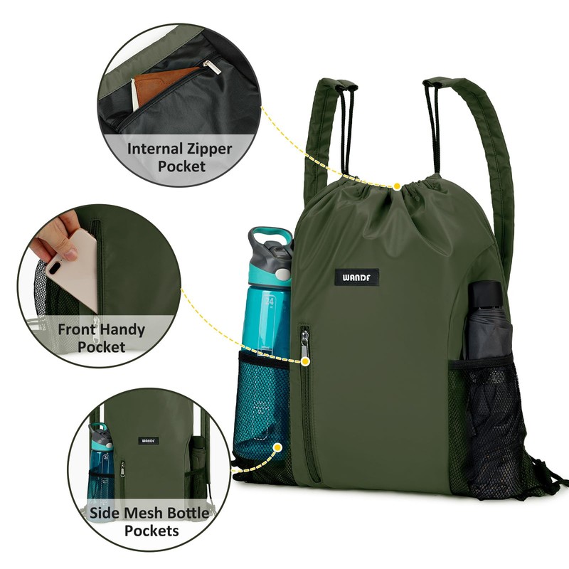 WANDF Drawstring Backpack with Shoulder Pad, Sports Gym Backpack with