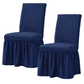 SUBRTEX Stretchable Universal Dining Room Chair Covers Slipcovers with Skirt Jacquard Parsons Chair Slipcovers Removable Washable Furniture Protector for Kids Pets Home Ceremony Banquet(2Pcs,Navy)