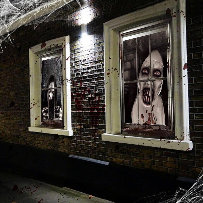 2 Pcs Scary Halloween Window Decorations-Creepy Female Ghost Window Curtain