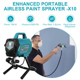 X10 3300 PSI Airless Paint Sprayer, 750W Electric Paint Spray Gun with 0.32 GPM Flow Rate, Includes Extension Pole & Cleaning Kit, for Interior/Exterior Walls, Ceilings, Fences(DIY & Professional Use)