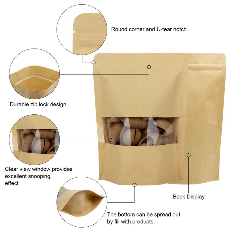 Blisstime 50 Pack Kraft Stand Up Zip Lock Pouch Bags,