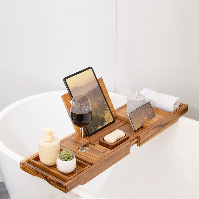 XcE Teak Bathtub Tray Expandable to 105cm with Solid Book