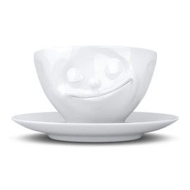 TASSEN Porcelain Coffee Cup with Saucer, Happy Face Edition, 6.5 oz. White (Single Cup & Saucer)