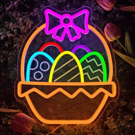 Easter Egg Neon Sign Easter Neon Sign for Wall Decor Dimmable Egg Basket Led Sign Neon Light Sign Decorations Led Light Up Sign for Party Gifts Bedroom Holiday