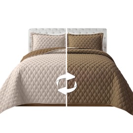 Elegant Comfort 3-Piece Quilted Reversible Bedspread Coverlet Set with Pillow Shams, Exquisite Diamond Stitching All Season Heavy Weight - Ultra Soft Premium Quilt- Full, Taupe/Cream