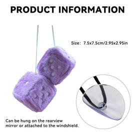 Couslcd Pair Fuzzy Plush Dice for Car Mirror, 2.75'' Retro Square Car Mirror Hanging, Universal Auto Rearview Mirror Ornament, Couple Pendant Charms, Car Accessories for Women (Purple)