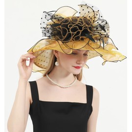 ORIDOOR Women Organza Fascinator Church Kentucky Derby Hat Floral Tea Party Wedding Hat (003F Gold), One Size