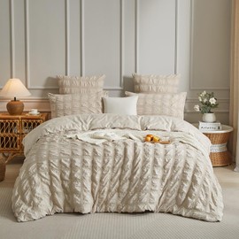Luofanfei Beige Seersucker Bed Linen 135 x 200 cm Summer Cooling Striped Checked Plain Pattern Summer Bed Linen Breathable Lightweight Duvet Cover Single Bed and Pillowcase 80 x 80 cm