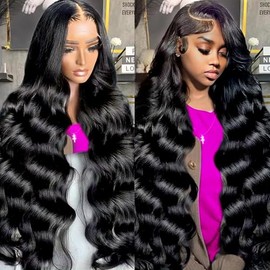 AliSunHoma 28 Inch Body Wave Lace Front Wigs Human Hair Pre Plucked 13x4 HD Transparent Lace Frontal Wigs Human Wig 200% Density Glueless Wigs with Natural Black Hairline Baby Hair for Women