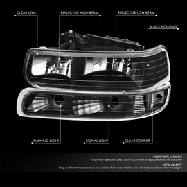 DNA MOTORING Pair OE Style Headlights + Bumper Lights Compatible with 99-02 Chey Silverado 1500 2500,Black/Clear, HL-OH-CSIL99-4P-BK-CL-B