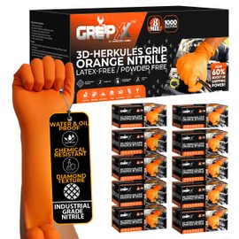 GRIPXX Herkules Grip Heavy Duty 8Mil Orange Nitrile Gloves,3D Raised Diamond Texture-Latex & Powder Free-Industrial, Mechanic (10, Medium)