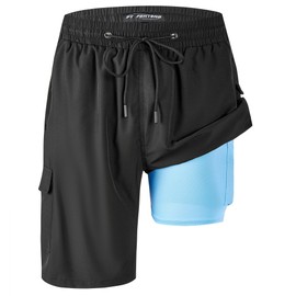 Mens Swim Trunks with Compression Liner, Men Bathing Suit with Boxer Brief Liner Swimming Trunks 9" Board Shorts Men's Swimwear Zipper Pockets, Quick Dry Beach Shorts Built-in Swimsuits, XL Black
