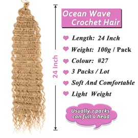 Samtress 3 Packs Ocean Wave Crochet Hair Honey Blonde Long Wavy Braiding Hair Synthetic for Women 24 Inch Deep Wave Crochet Hair for Boho Braids Hair Extensions (#27)