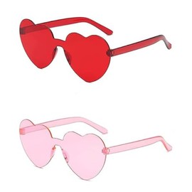 2PCS Heart Shape Sunglasses Rimless Transparent Heart Glasses Colorful Party Favors (Pink + Red)