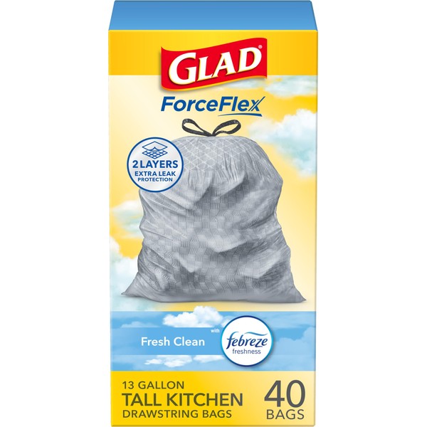 Glad ForceFlex Tall Kitchen Trash Bags, 13 Gallon, Gain Fresh
